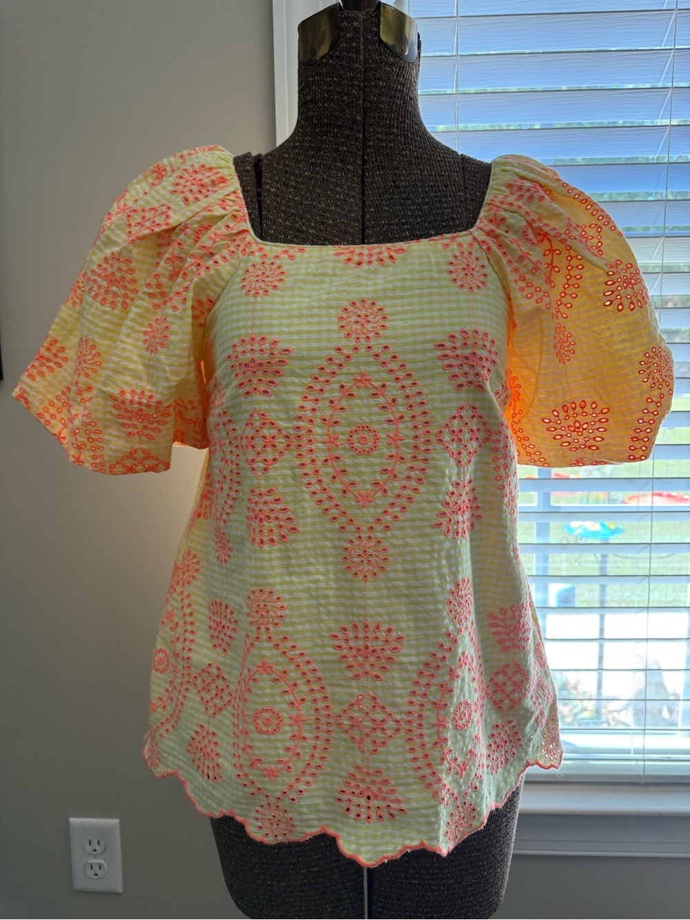 Lilly Pulitzer Yellow Eyelet Puff-Sleeve Top with Coral Embroidery